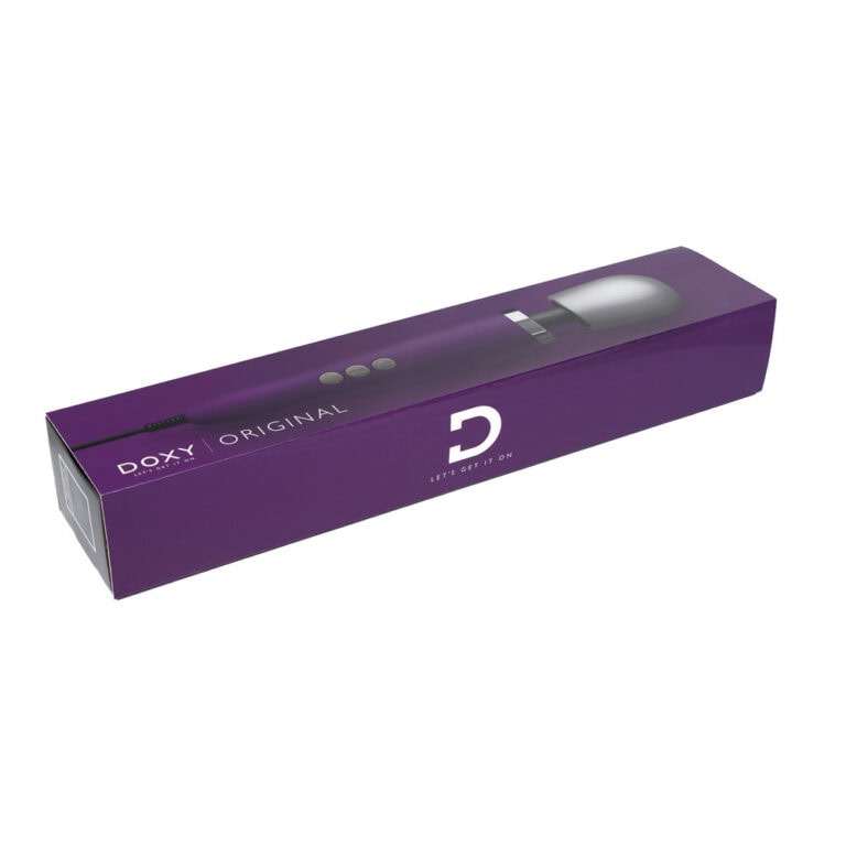 Doxy Original vibrator in sleek purple packaging, designed for enhanced pleasure with waterproof and rechargeable features, ideal for intimate adult use.