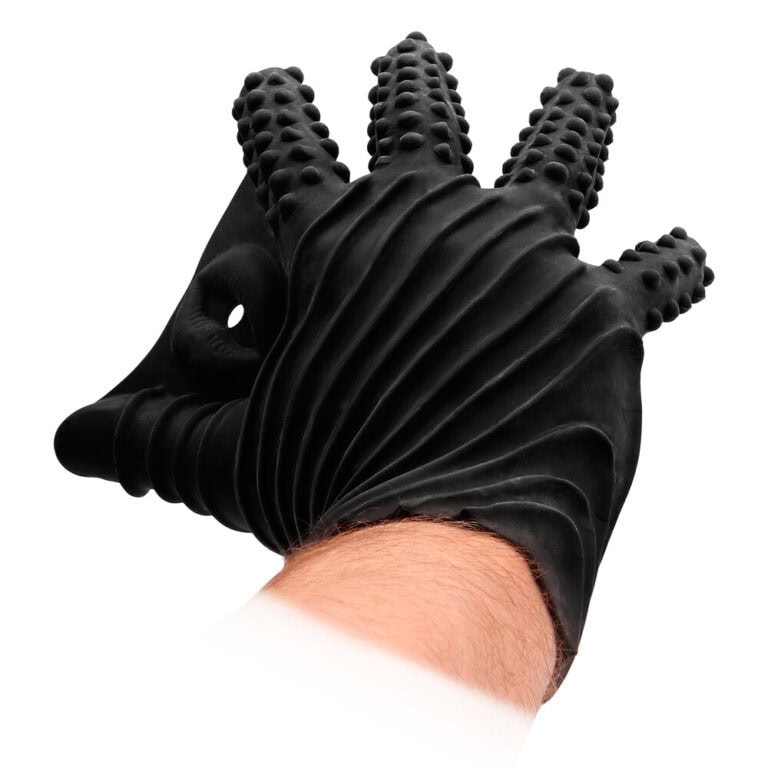 An image of a black, textured, hand-shaped sex toy glove designed for adult pleasure, featuring multiple finger-like extensions with textured surfaces for enhanced stimulation.