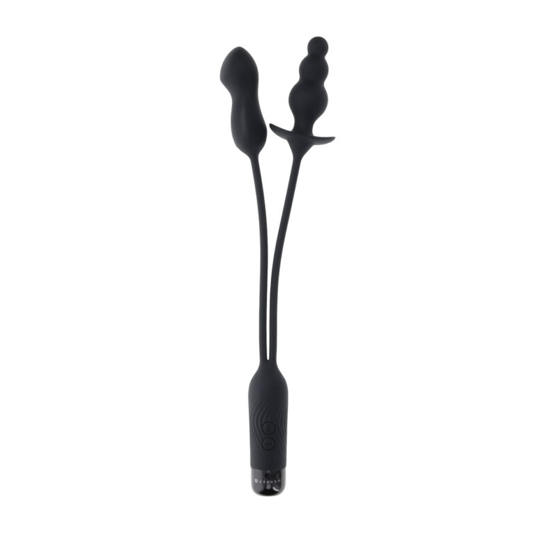 An innovative black vibrating sex toy with dual heads designed for enhanced pleasure and intimacy, suitable for both couples and solo play, made from body-safe silicone.
