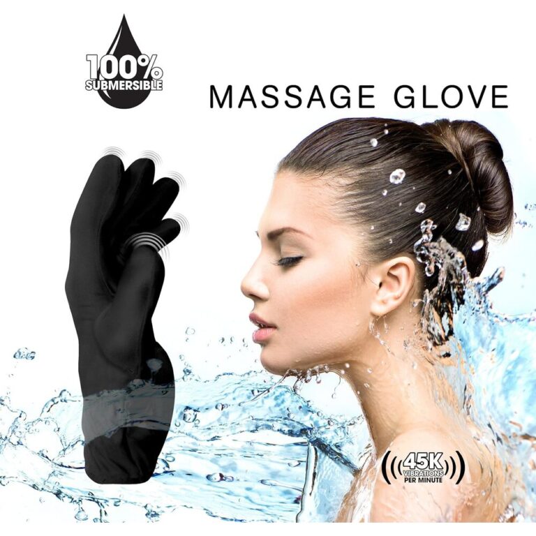 Elegant woman with water splashes and massage glove for intimate wellness and relaxation.