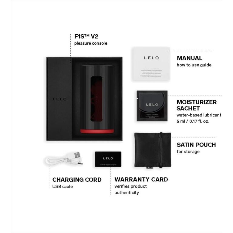 LELO F1s V2 pleasure console with manual, moisturizer sachet, satin pouch, charging cord, and warranty card, ideal for enhancing intimate experiences with high-quality adult products.