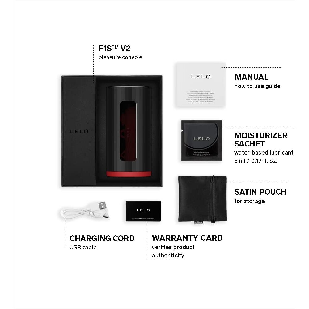LELO F1s V2 pleasure console with manual, moisturizer sachet, satin pouch, charging cord, and warranty card, ideal for enhancing intimate experiences with high-quality adult products.
