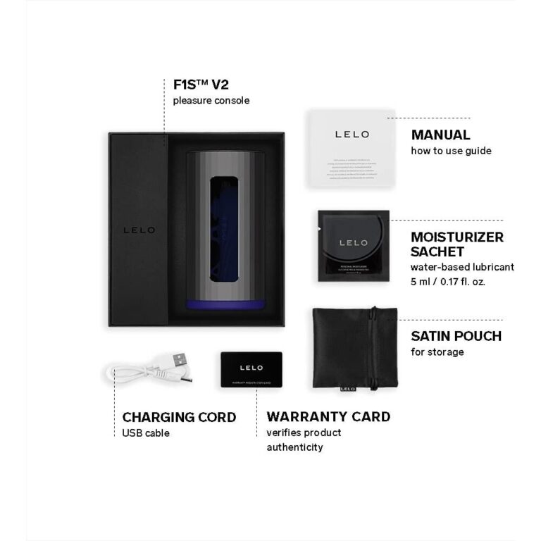 SEO-friendly ALT tag: LELO F1S™ V2 pleasure console with accessories for enhanced intimacy and personal pleasure. Includes manual, lubricant, pouch, charging cable, and warranty card.