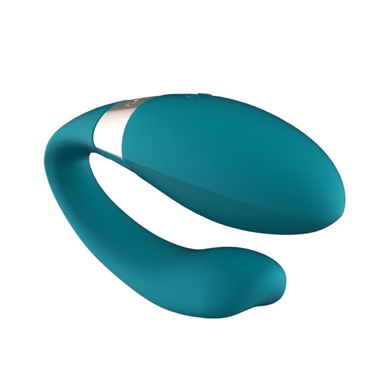 Blue silicone couples vibrator with curved dual-arm design】【。