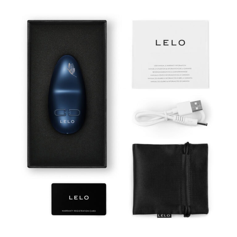 High-quality Lelo adult pleasure device with USB charging cable, storage pouch, warranty card, and user manual for discreet and safe use.