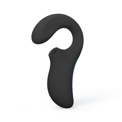 A black and purple shaped vibrator on a white background.