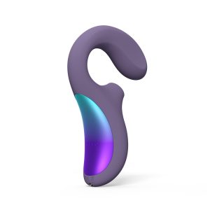 A purple and purple shaped vibrator on a white background.