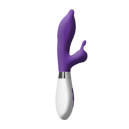A purple and white vibrator on a white background.
