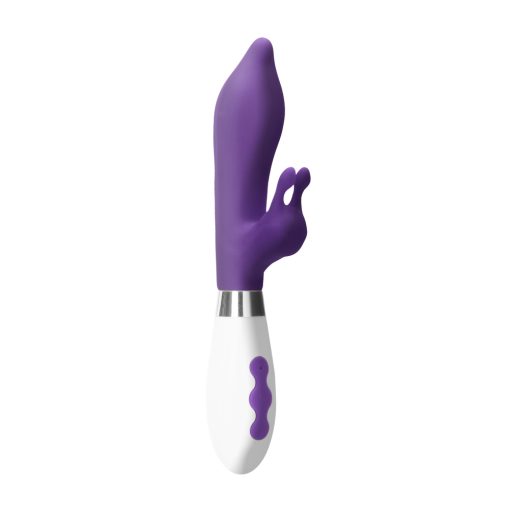 A purple and white sex toy on a white background.