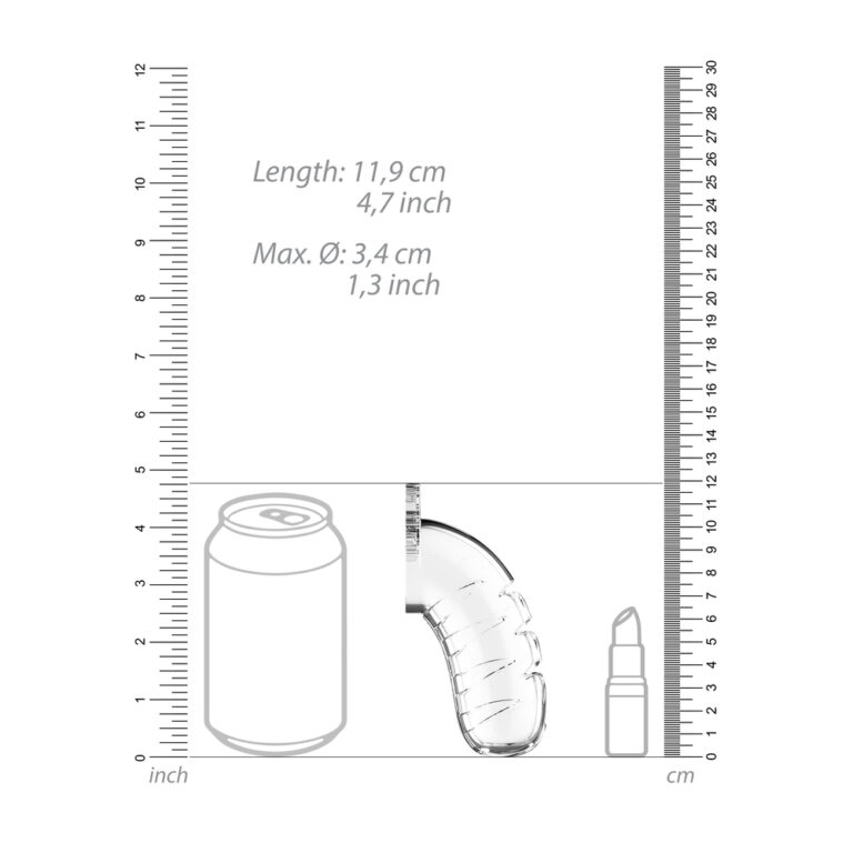 Close-up of a compact soda can, adult vibrator, and small tube, with measurement scales in inches and centimeters for precise size reference, highlighting adult pleasure products.
