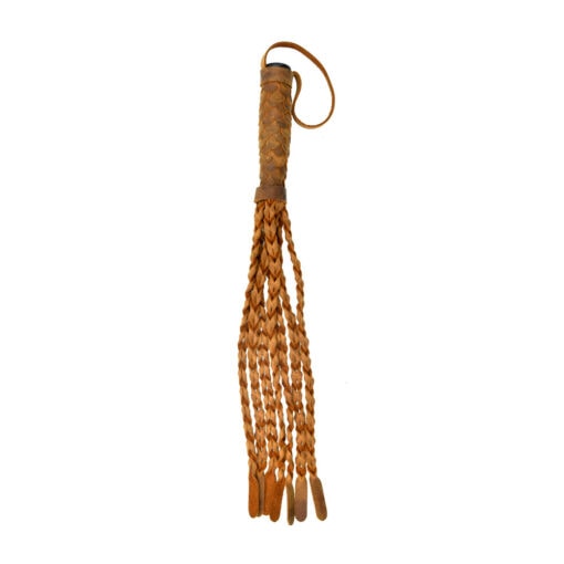 A braided lasso with a wooden handle.