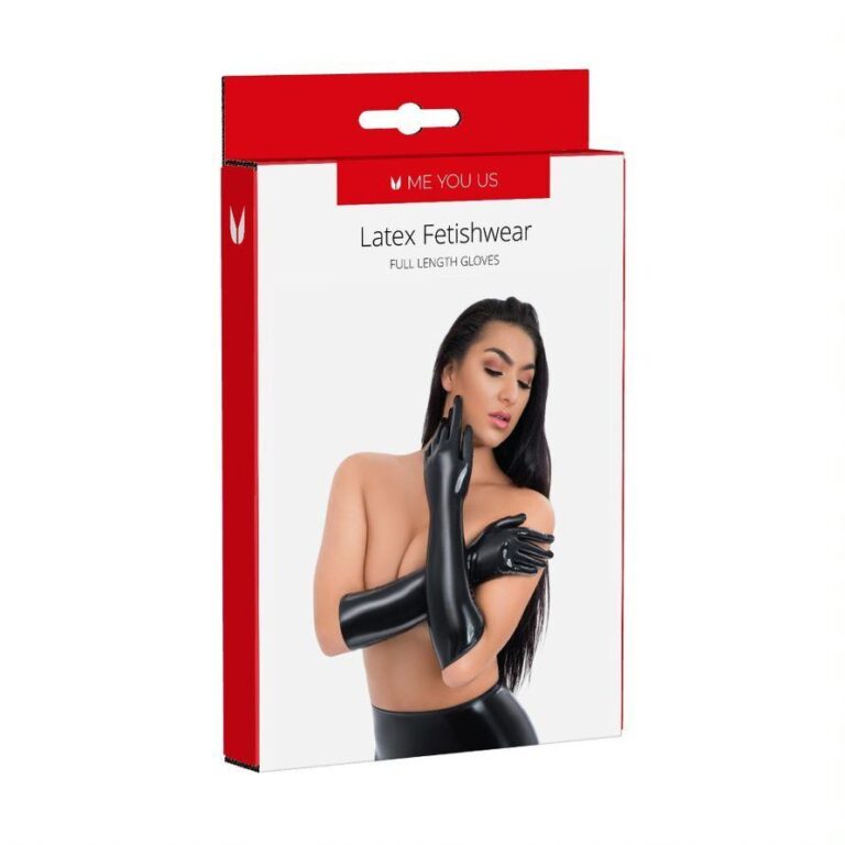 Elegant black latex fetish gloves for adult intimate wear and BDSM accessories.