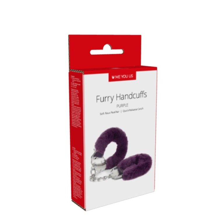Purple furry handcuffs made of soft faux fur, ideal for couples' intimacy and role-play, featuring secure metal chains for comfortable restraint and enhanced pleasure.