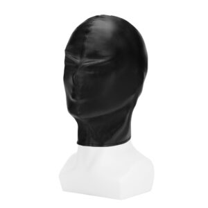 A black leather hood on a mannequin head.