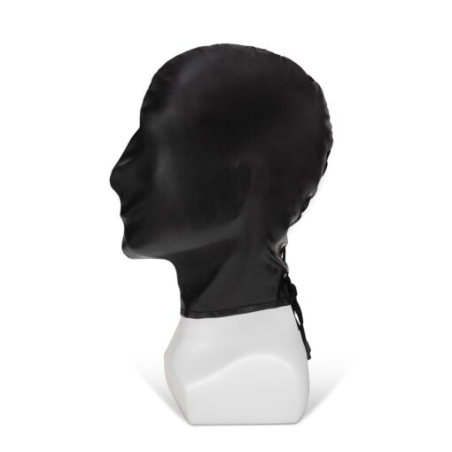 A black hood on a mannequin head.