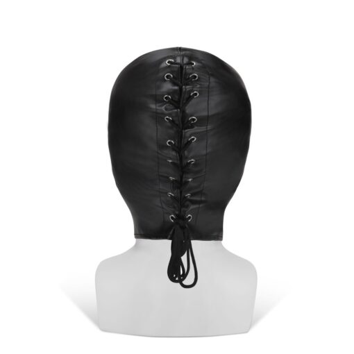 A black leather hood on a mannequin head.