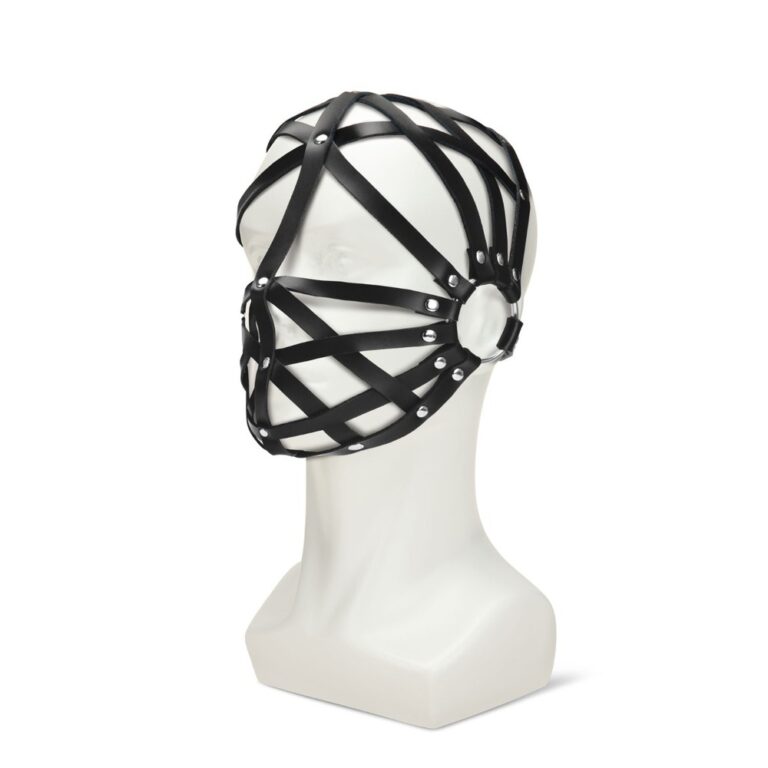 A black leather bondage mask with multiple straps and metal rivets, designed for BDSM, fetish, and adult role-play scenarios. Perfect for enhancing intimacy and exploring fantasies.