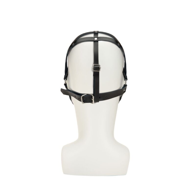 Elegant black leather BDSM gag harness with adjustable straps for enhanced restraint and sensation play. Perfect for fetish enthusiasts seeking stylish and functional bondage accessories.