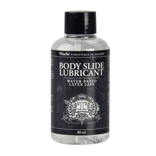 A bottle of body slide lubricant on a white background.