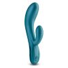 A teal colored vibrator on a white background.