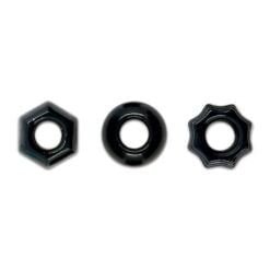 Three black plastic nuts on a white background.