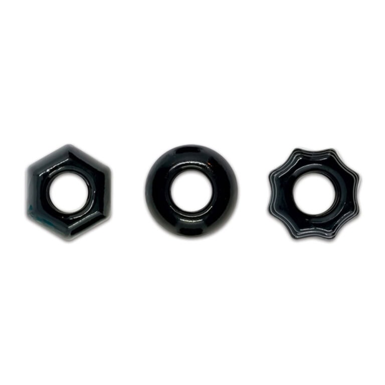 Three sleek, black, textured adult toy accessories designed for versatile stimulation and personal pleasure.