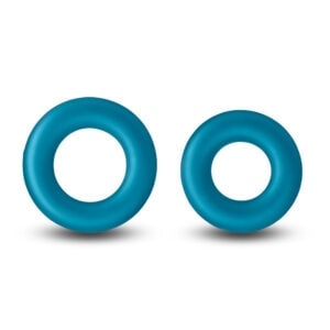 Two blue rubber rings on a white background.