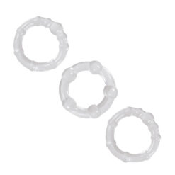 Three clear plastic rings on a white surface.
