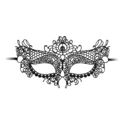 A black and white lace mask on a white background.