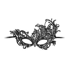 A black lace masquerade mask on a white background.