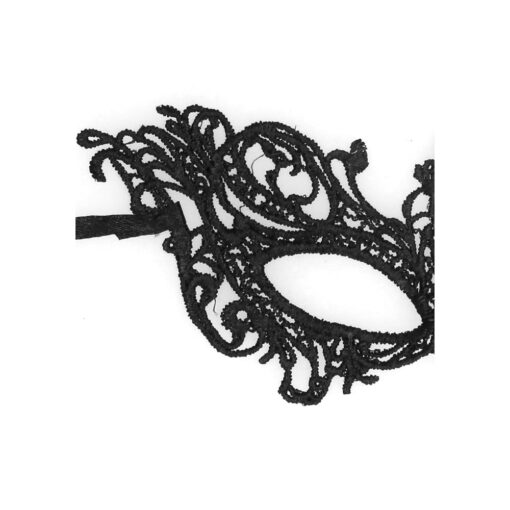 A black lace masquerade mask on a white background.