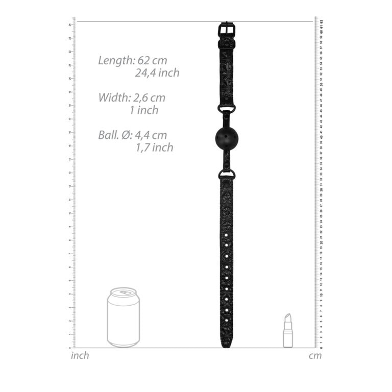 SEO-friendly ALT tag: Adjustable BDSM collar with ball gag for adult pleasure, featuring detailed measurements and comfortable design, ideal for BDSM and kink play.