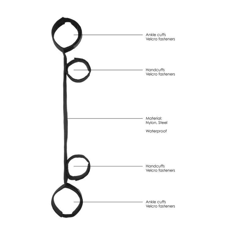 SEO-friendly ALT tag: Adjustable restraint cuffs for BDSM and sensual play, made from waterproof nylon and steel, featuring velcro fasteners for secure and comfortable bondage experiences.