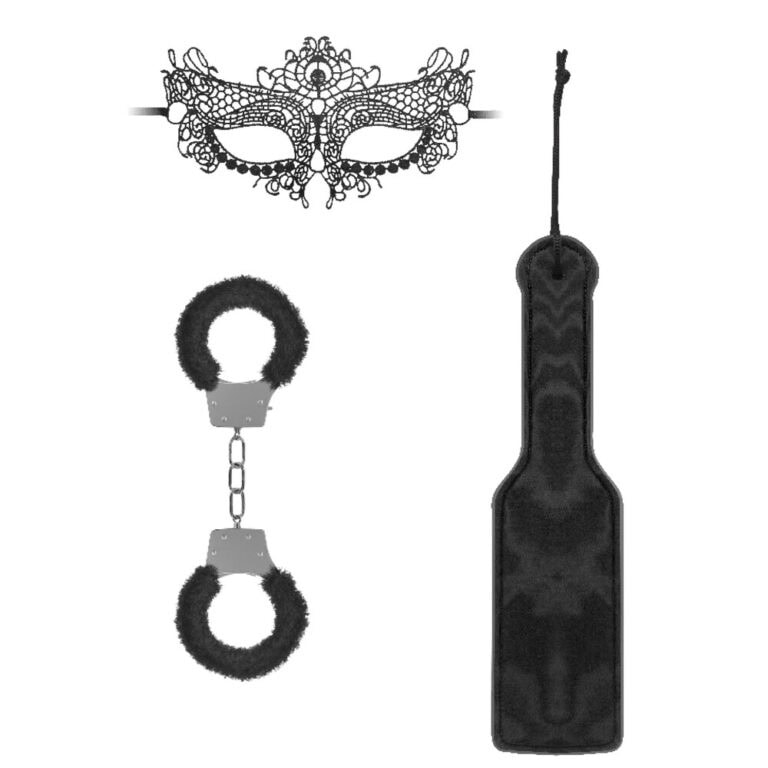 Elegant lace masquerade mask with intricate detailing, paired with a black leather paddle and fuzzy handcuffs for BDSM and role-play scenarios.