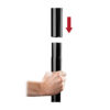 A person holding a black pole with an arrow pointing up.