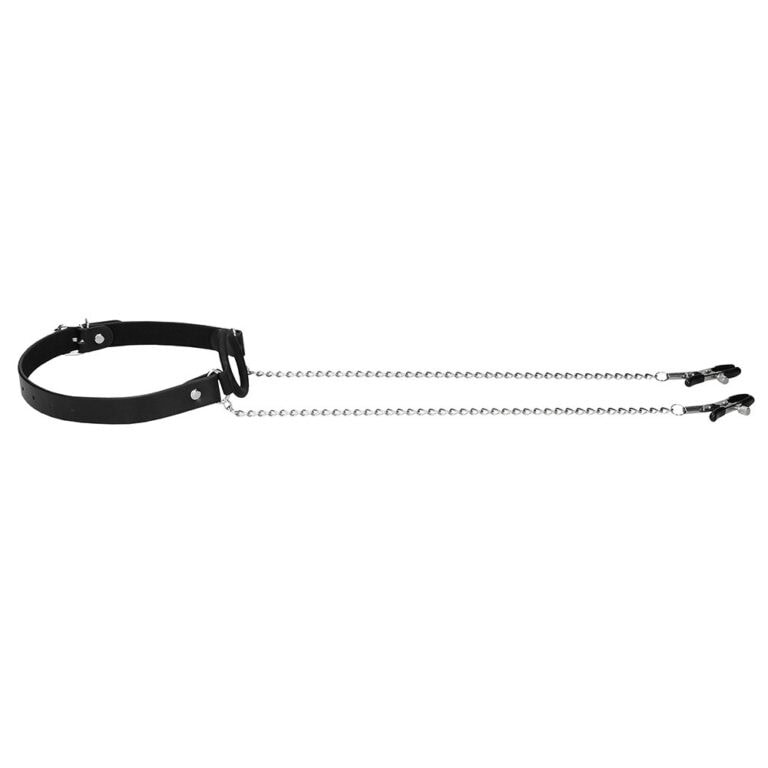 Black leather BDSM collar with chain, ideal for bondage, fetish, and adult role-play, enhancing intimacy and exploring BDSM fantasies safely and comfortably.