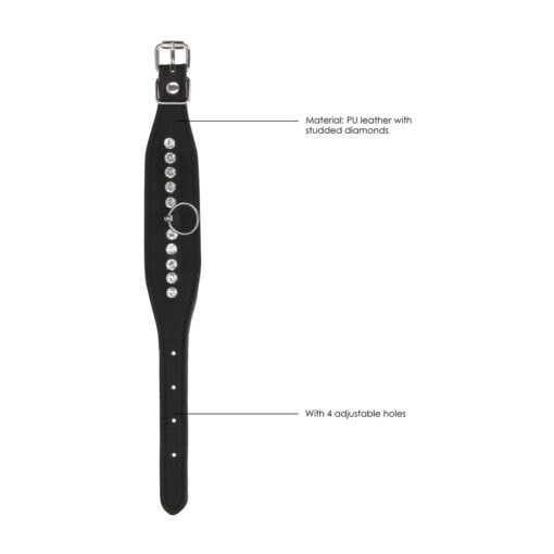 A diagram showing the features of a black leather watch strap.
