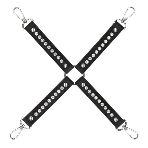 A pair of black cross straps with metal hooks.
