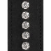 A close up of a black leather strap with diamonds on it.