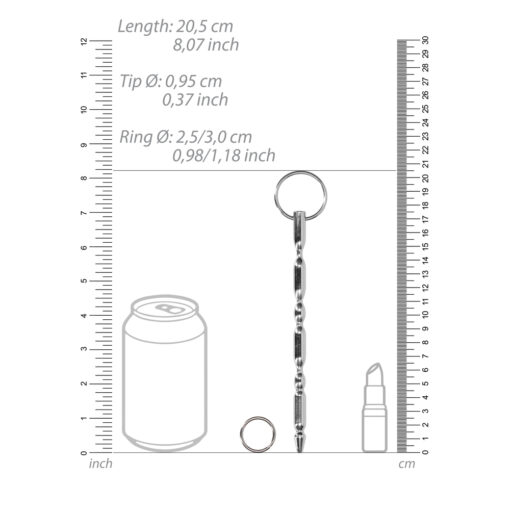 A ruler showing the measurements of a can and a bottle.