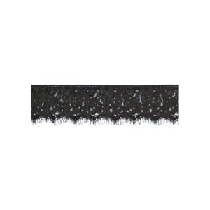 A black lace trim on a white background.