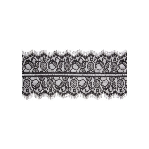 A black and white lace trim on a white background.