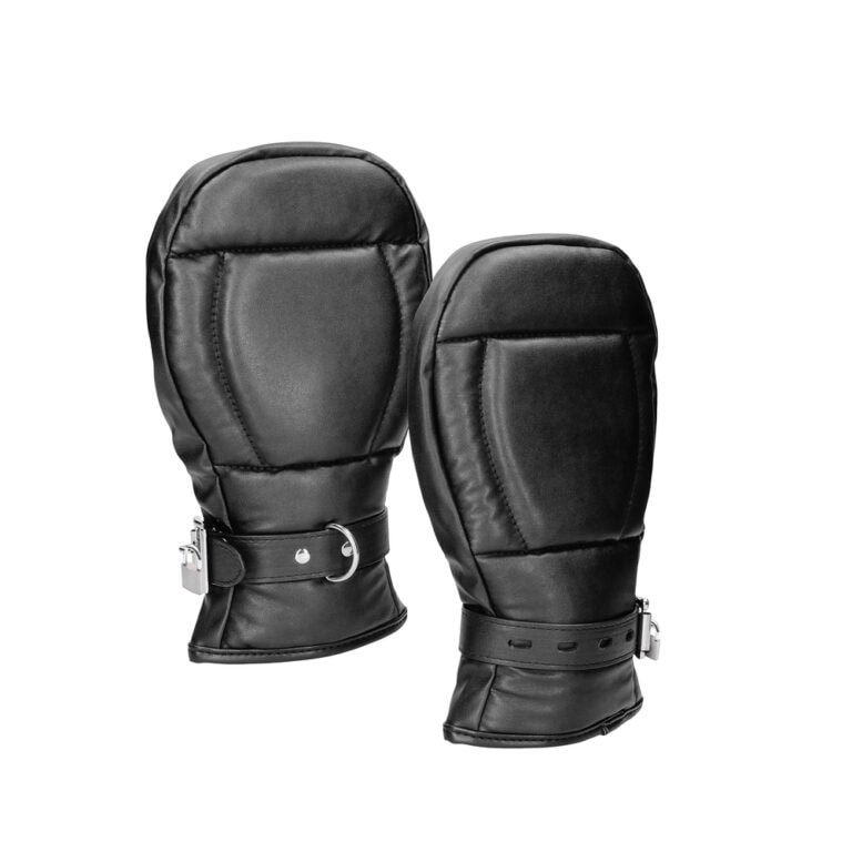 Black leather BDSM mitts designed for sensual restraint and BDSM play, featuring adjustable straps and secure closures for safe, comfortable bondage experiences.