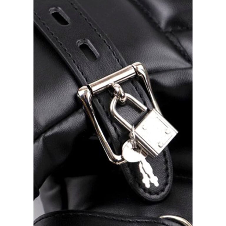 Stylish black leather accessory featuring a secure silver lock and key, emphasizing luxury and security in fashion accessories.