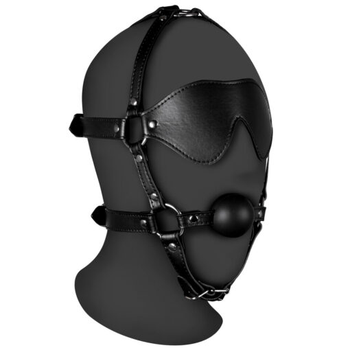 A black leather mask with a ball on it.