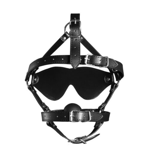 A black leather headgear with a black leather strap.