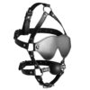 A black leather harness with a ball attached to it.