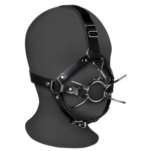 A mannequin with a black leather headgear.