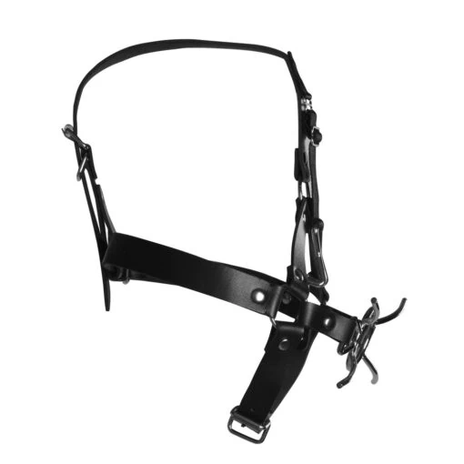 A black leather harness on a white background.