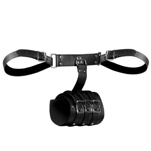 A black leather cuff with two straps on it.